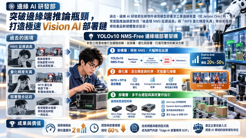 邊緣 AI 研發部成功案例資訊圖：架構層移除 NMS 降低延遲 20%–50%，優化層以 INT8+FP16 混合精度與 EntropyCalibrator2 校準克服量化噪聲，部署層建立 Micro 到 High-End Edge 選型矩陣；推論吞吐量提升 2 倍、部署週期縮短 60%